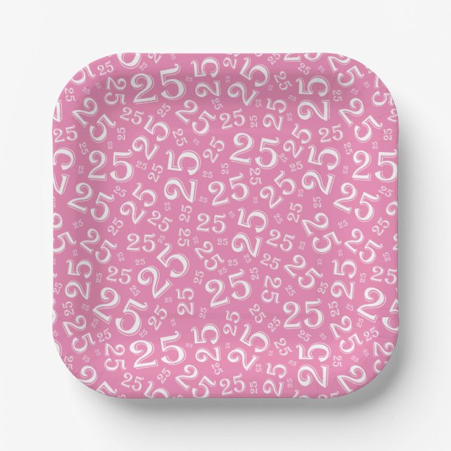25th Birthday Pink/White Random Number Pattern Paper Plate (Front)