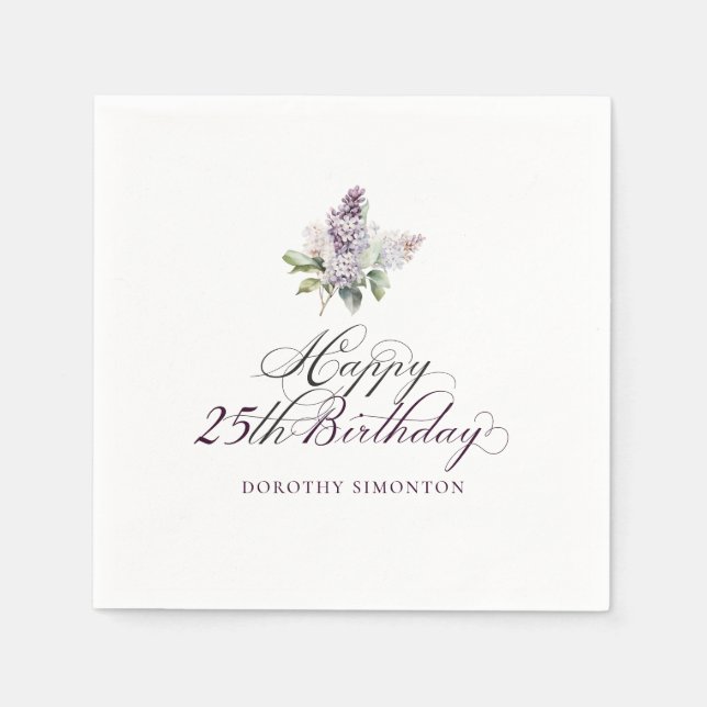 25th Birthday Purple Lilac Spring Flower Cocktail Napkin (Front)