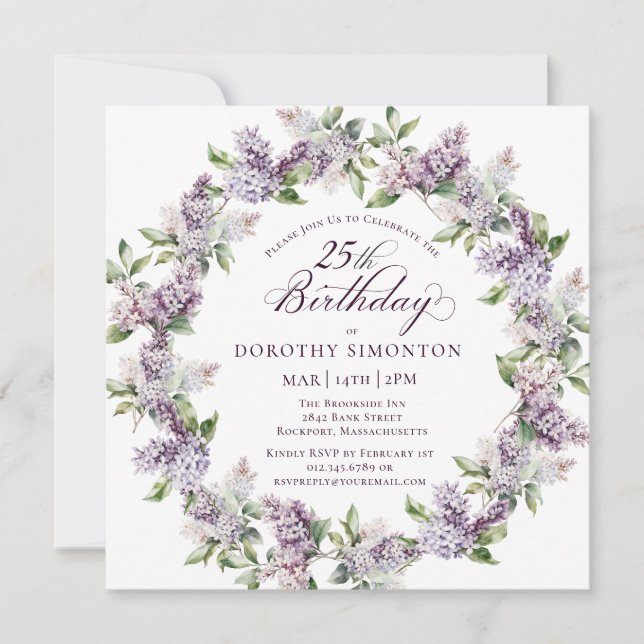 25th Birthday Purple Lilac Spring Flower Square Invitation (Front)