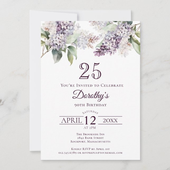 25th Birthday Purple Spring Lilac Flower Invitation (Front)