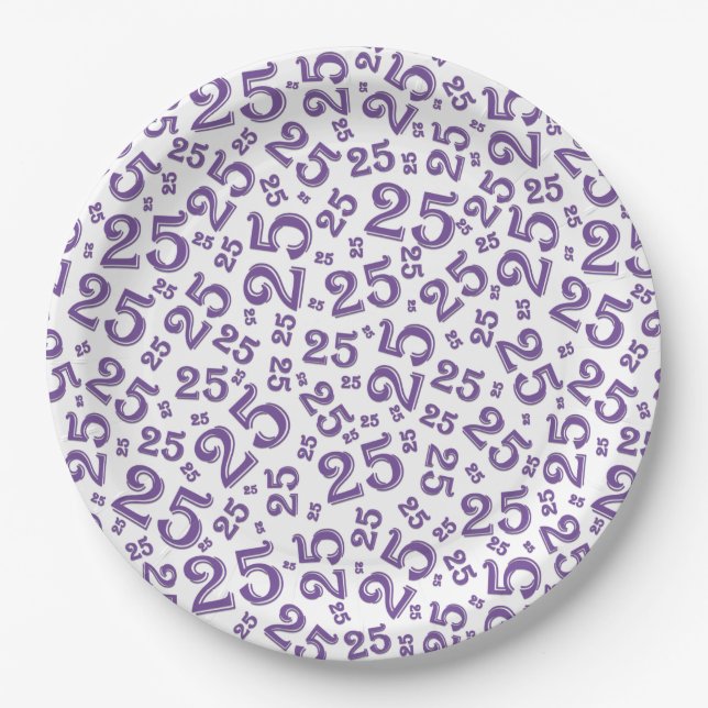 25th Birthday Purple/White Random Number Pattern Paper Plate (Front)