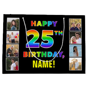 25th Birthday: Rainbow Text, Custom Photos & Name Large Gift Bag
