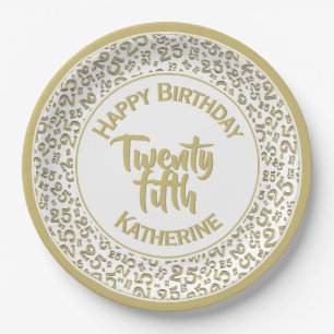 25th Birthday Random Number Pattern 25 Gold/White Paper Plate