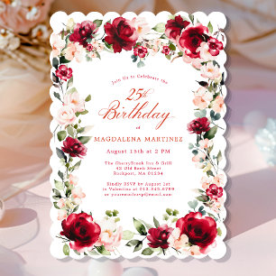 25th Birthday Red Rose Pink Peony Floral Invitation