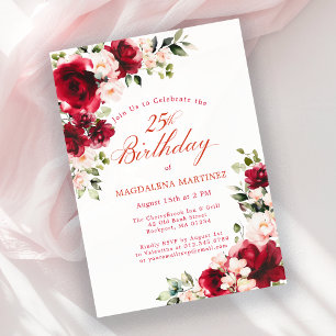 25th Birthday Red Rose Pink Peony Floral Invitation