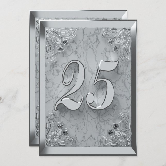 25th Birthday Regal Silver Marble Greeting or Invitation (Front/Back)