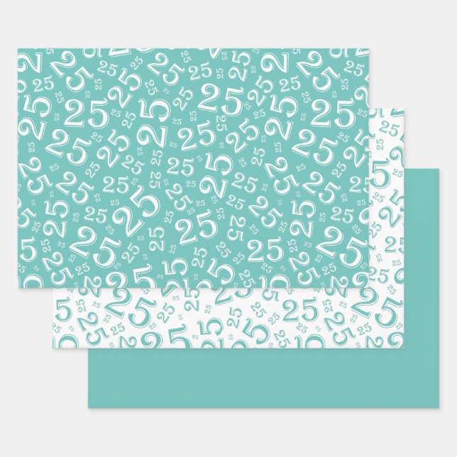 25th Birthday Teal & White Number Pattern 25 Wrapping Paper Sheet (Set)