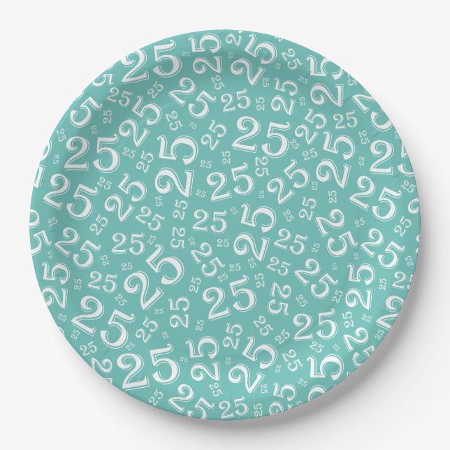 25th Birthday Teal/White Random Number Pattern Paper Plate (Front)