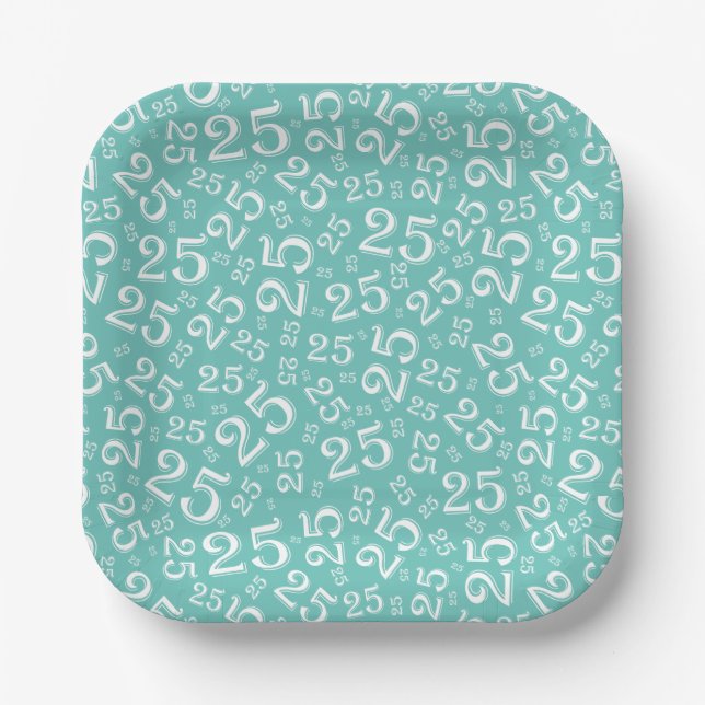 25th Birthday Teal/White Random Number Pattern Paper Plate (Front)