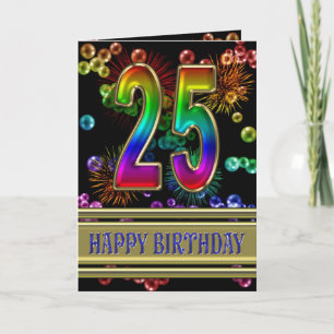 25th Birthday with rainbow bubbles and fireworks Card