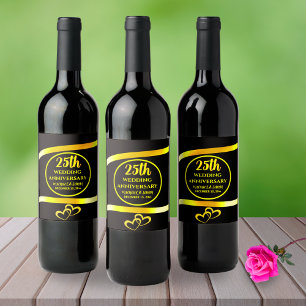 25th Black Gold Modern Wedding Anniversary Party Wine Label