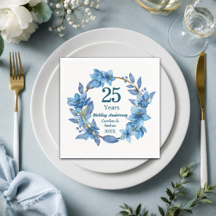 25th Blue Floral Silver Wedding Anniversary Napkin
