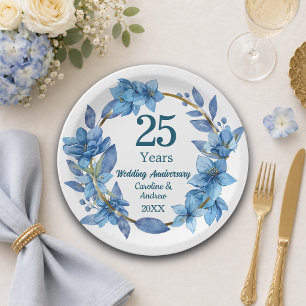 25th Blue Floral Silver Wedding Anniversary Paper Plate