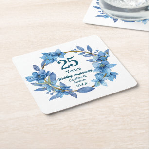 25th Blue Floral Silver Wedding Anniversary Square Paper Coaster