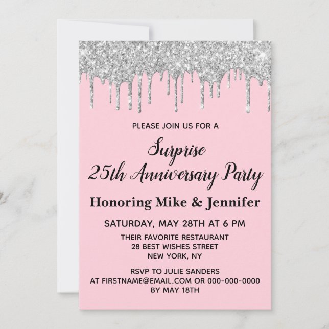 25th Blush Pink Silver Surprise Anniversary Party Invitation (Front)