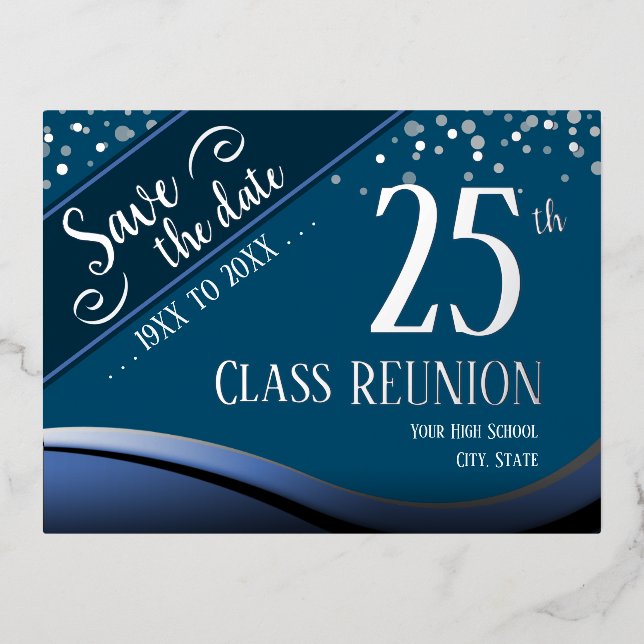 25th Class Reunion Elegant blue Foil Holiday Postcard (Front)