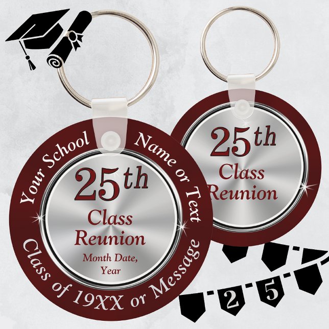 25th Class Reunion Ideas, 25th Reunion Favours, Key Ring (25th Class Reunion Favors. Maroon Burgundy and Silver Gray, Class Reunion Keychains.)