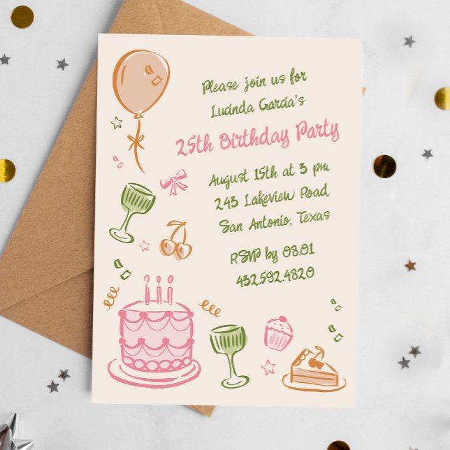 25th Colourful Doodles Birthday Party Invitation (birthday party invitation for adults with whimsical hand-drawn icons)
