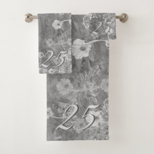 25th/Custom Anniversary Grey Floral Bath Towel Set