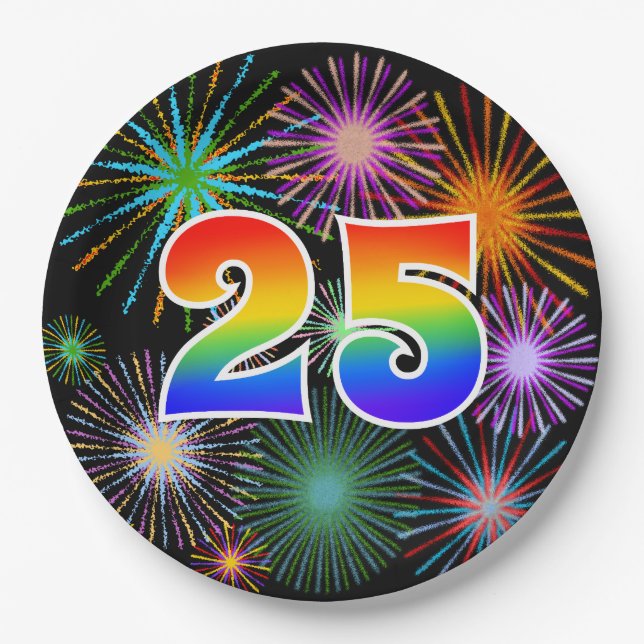 25th Event - Fun, Colourful, Bold, Rainbow 25 Paper Plate (Front)