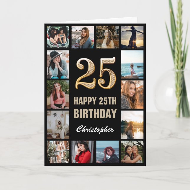 25th Happy Birthday Black and Gold Photo Collage Card (Front)