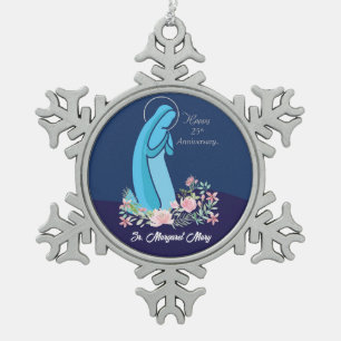 25th Nun Religious Life Anniversary Pink Flower Snowflake Pewter Christmas Ornament