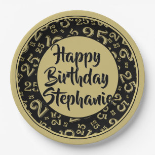 25th Party Random Number Pattern Black/Gold Paper Plate