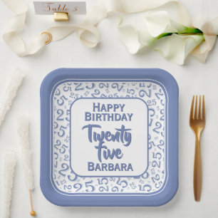 25th Party Random Number Pattern Blue/White Paper Plate