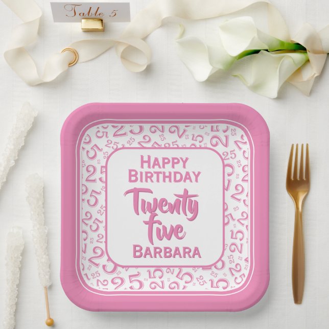 25th Party Random Number Pattern Pink/White Paper Plate (Wedding)