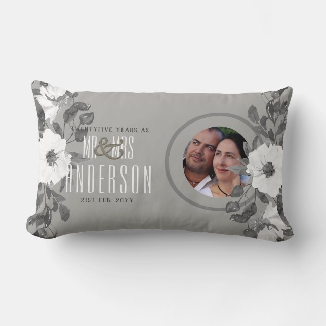 25th PHOTO Wedding Anniversary Floral Silver Lumbar Cushion (Front)