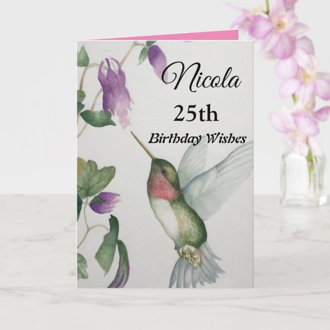 25th Pretty Hummingbird Birthday Wishes Card (Orchid)