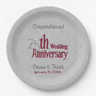 25th Silver and Burgundy Anniversary Paper Plates