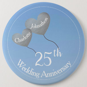 25th Silver anniversary heart balloons in sky 6 Cm Round Badge