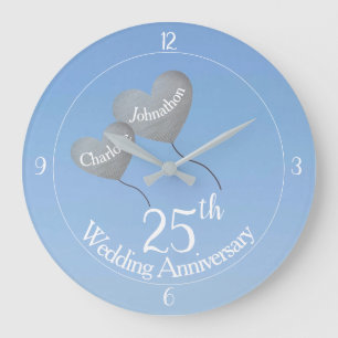 25th Silver anniversary heart balloons in sky Large Clock