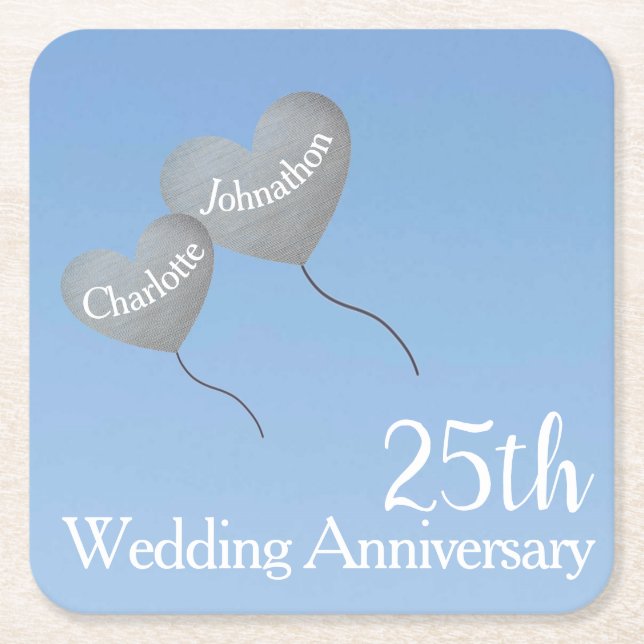 25th Silver anniversary heart balloons in sky Square Paper Coaster (Front)