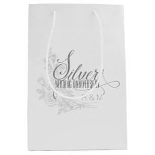 25th Silver Anniversary Initials and White Roses Medium Gift Bag