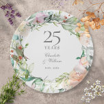 25th Silver Anniversary Roses Floral Greenery Paper Plate<br><div class="desc">Featuring a delicate watercolour floral garland,  this chic botanical 25th wedding anniversary paper plate can be personalised with your special silver anniversary information in elegant silver text. Designed by Thisisnotme©</div>