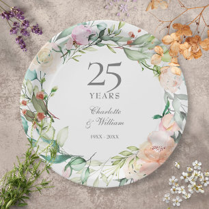 25th Silver Anniversary Roses Floral Greenery Paper Plate