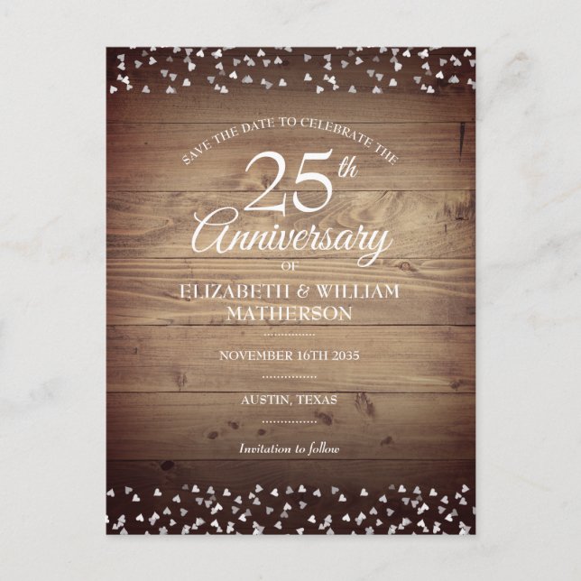 25th Silver Anniversary Save the Date Rustic Wood Postcard (Front)