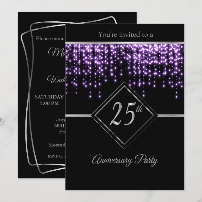 25th Silver Anniversary with Purple Starlights Invitation (Front/Back)