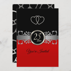 25th Silver Anniversary with Red - Giraffe Pattern Invitation