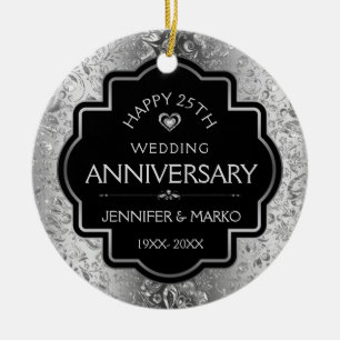 25th Silver Damasks Wedding Anniversary Ceramic Ornament