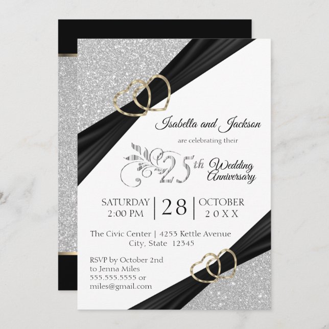25th Silver Glitter and Gold Heart Anniversary Invitation (Front/Back)