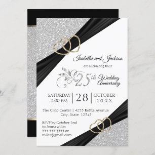 25th Silver Glitter and Gold Heart Anniversary Invitation