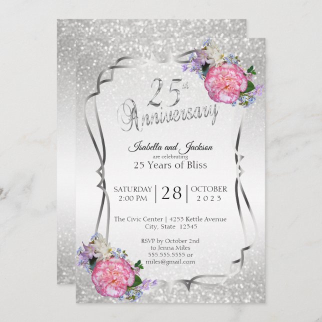 25th Silver Glitter & Floral Anniversary Invitation (Front/Back)
