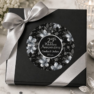 25th Silver Glitter Floral Wedding Anniversary  Classic Round Sticker