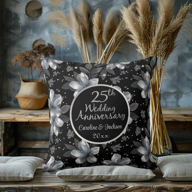 25th Silver Glitter Floral Wedding Anniversary  Cushion (Creator Uploaded)