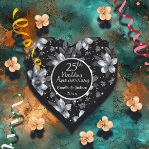 25th Silver Glitter Floral Wedding Anniversary  Heart Sticker