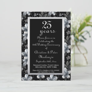 25th Silver Glitter Floral Wedding Anniversary Invitation