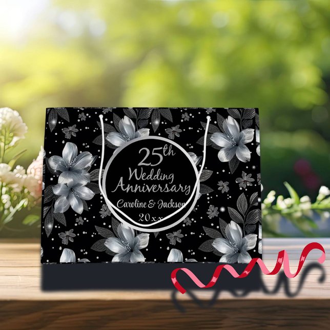 25th Silver Glitter Floral Wedding Anniversary  Large Gift Bag (Creator Uploaded)